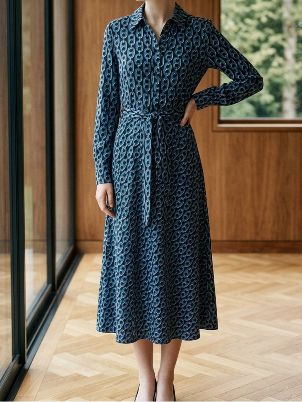 Boden Laura Jersey Midi Shirt Dress Blue Geo Chain Link US 4L / UK 8L - Picture 1 of 9